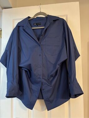 Zara Blue Button-Up Ruched Shirt